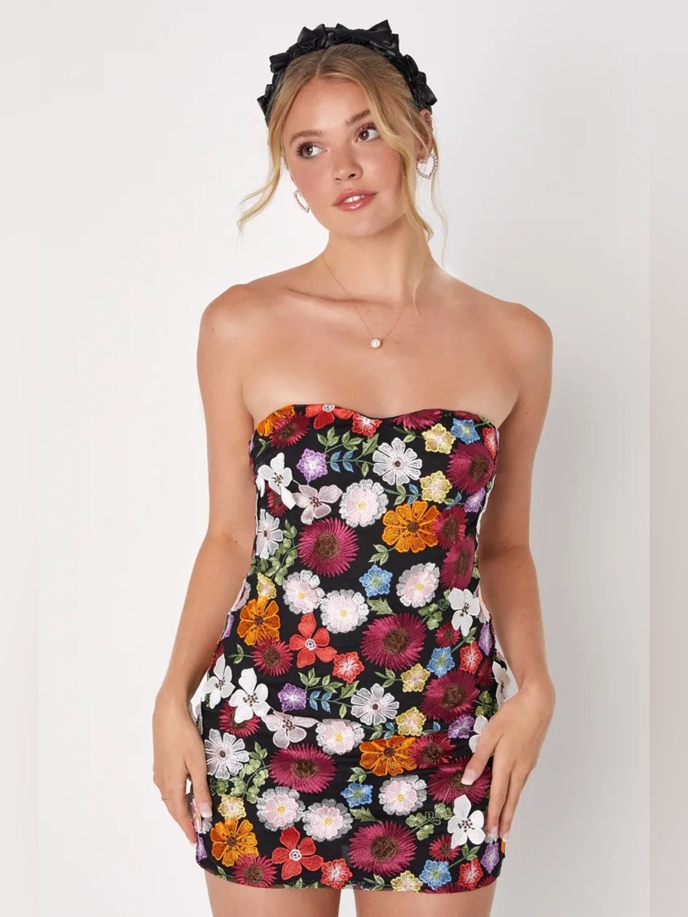 Lulus Thriving Beauty Black 3D Floral Embroidered Strapless Mini Dress Small - Picture 2 of 8